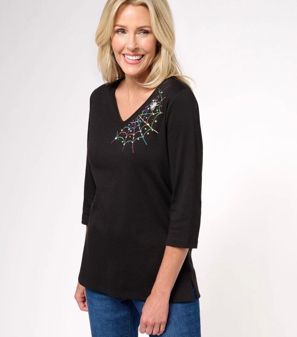 NEW Quacker Factory Women's Top The Web Embroidered Beaded V-Neck Black 2X